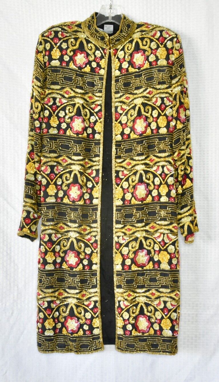 Judith Ann Vintage Designer Sequin + Beaded Silk Kimono Jacket Duster Size Small